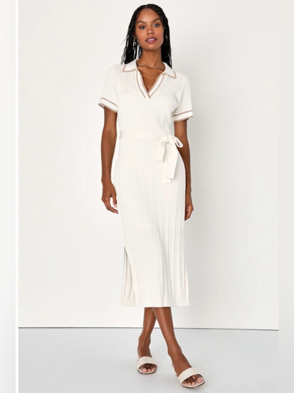 Lulu's Easily Timeless Ivory Collared Short Sleeve Midi Sweater Dress